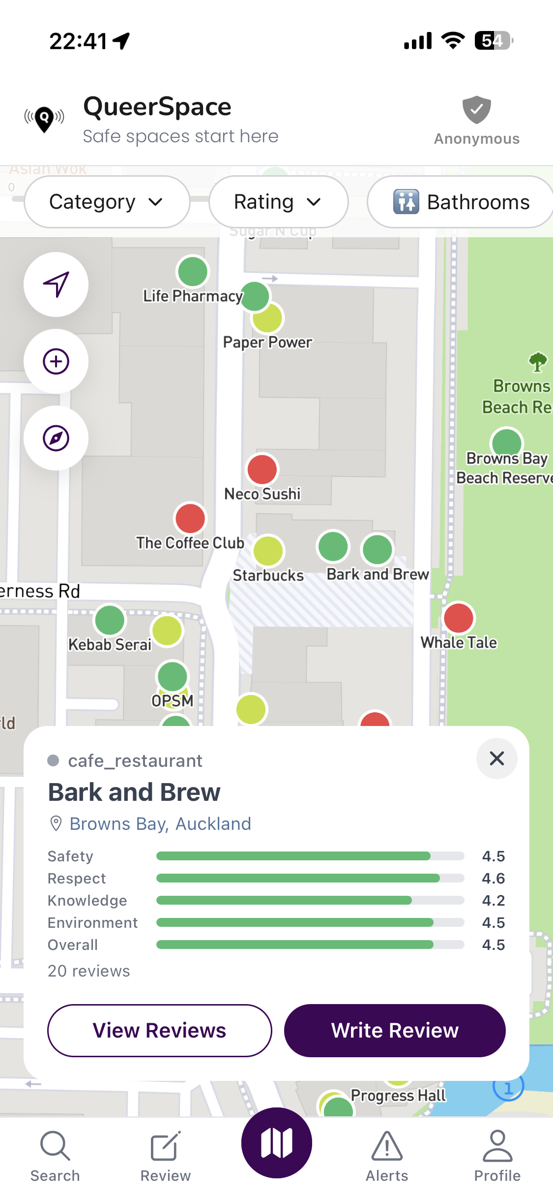 Business detail card showing five-dimension inclusivity ratings for Bark and Brew